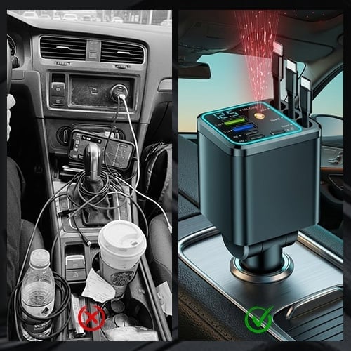 7-in-1 Retractable Car Charger 120W – Built-In Cables, Starry Sky Light & Voltage Display