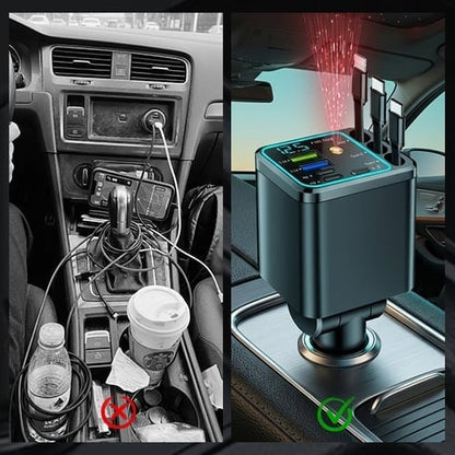 7-in-1 Retractable Car Charger 120W – Built-In Cables, Starry Sky Light & Voltage Display