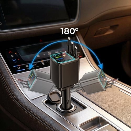 7-in-1 Retractable Car Charger 120W – Built-In Cables, Starry Sky Light & Voltage Display
