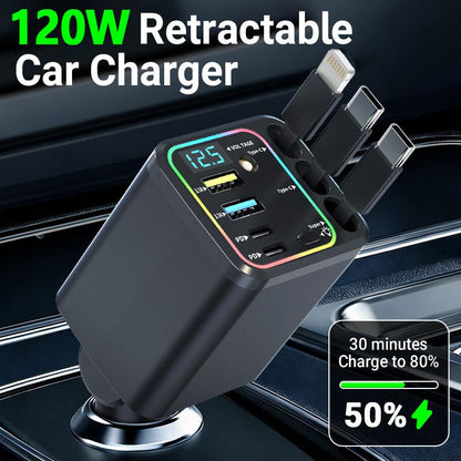7-in-1 Retractable Car Charger 120W – Built-In Cables, Starry Sky Light & Voltage Display