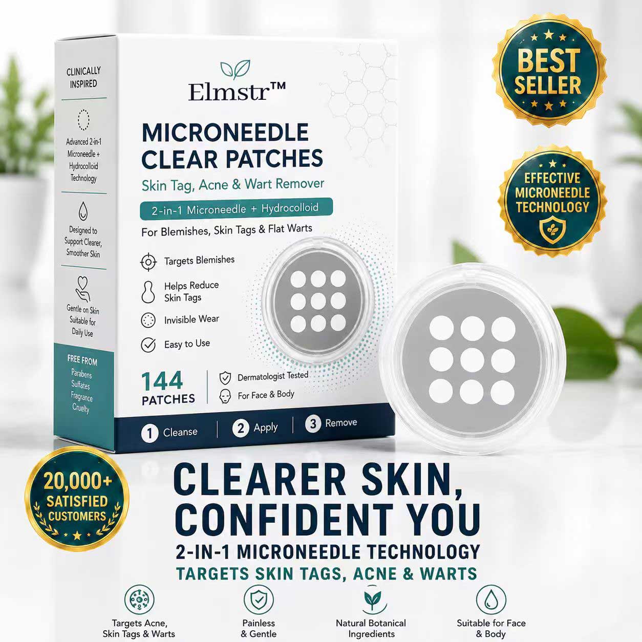 🔥Elmstr®2-in-1 Microneedle & Hydrocolloid Patch🍀| Removes Raised Moles, Acne, Flat Warts & Skin Tags | Helps Improve Wrinkles, Scars & Blemishes | Invisible Patches for Face & Body