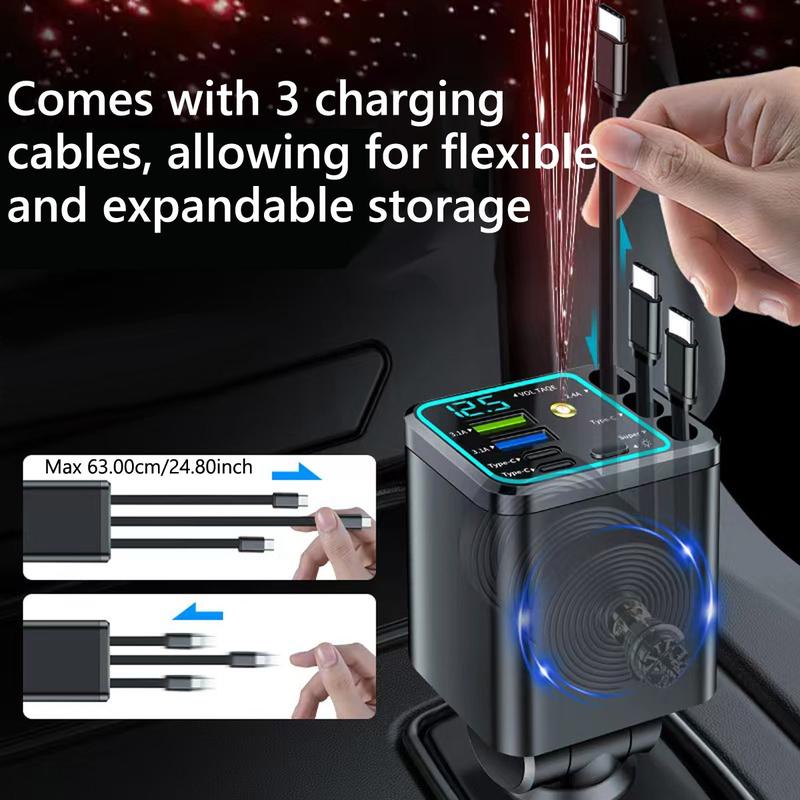 7-in-1 Retractable Car Charger 120W – Built-In Cables, Starry Sky Light & Voltage Display