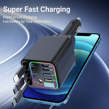 7-in-1 Retractable Car Charger 120W – Built-In Cables, Starry Sky Light & Voltage Display
