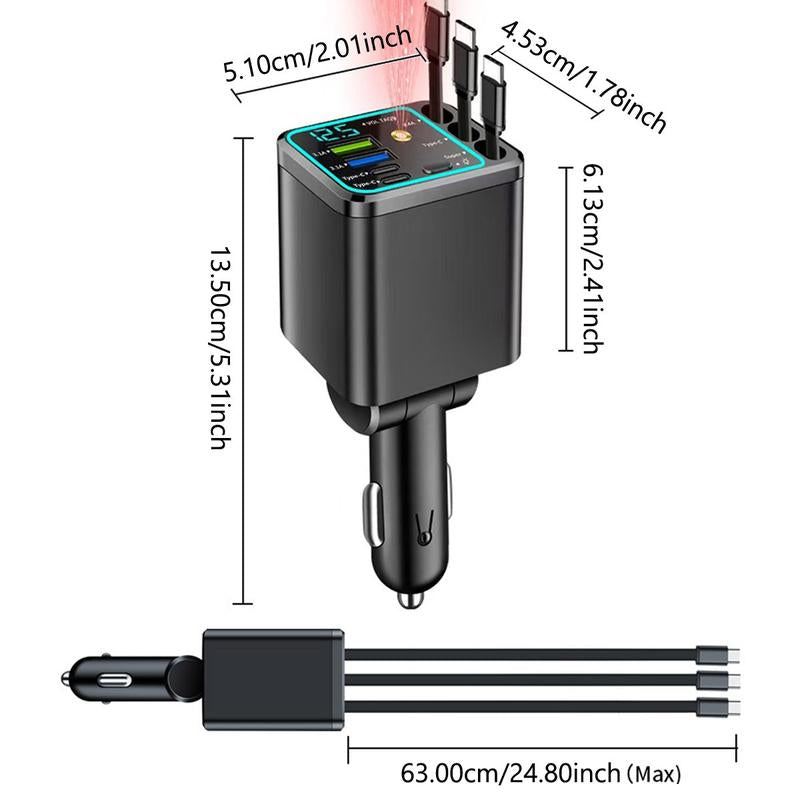 7-in-1 Retractable Car Charger 120W – Built-In Cables, Starry Sky Light & Voltage Display