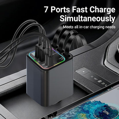 7-in-1 Retractable Car Charger 120W – Built-In Cables, Starry Sky Light & Voltage Display