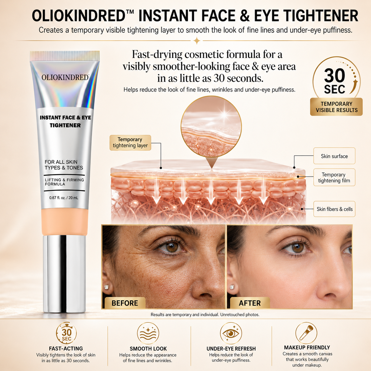 OLIOKINDRED™ Instant Face Temporary Tightener – Instant visible results in 30 seconds