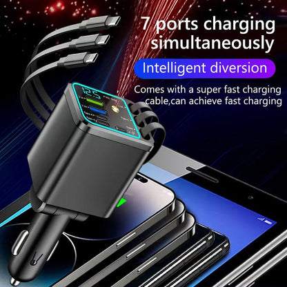 7-in-1 Retractable Car Charger 120W – Built-In Cables, Starry Sky Light & Voltage Display