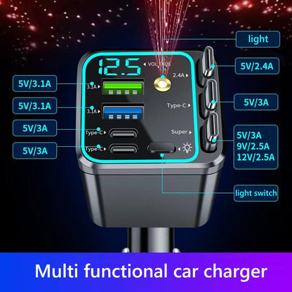 7-in-1 Retractable Car Charger 120W – Built-In Cables, Starry Sky Light & Voltage Display