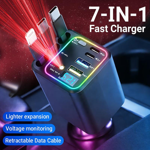 7-in-1 Retractable Car Charger 120W – Built-In Cables, Starry Sky Light & Voltage Display