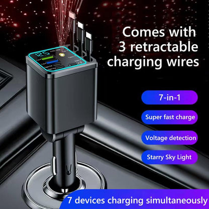 7-in-1 Retractable Car Charger 120W – Built-In Cables, Starry Sky Light & Voltage Display